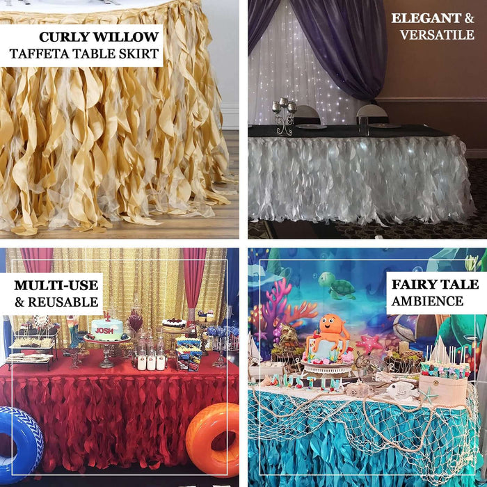 Curly willow taffeta table skirts in various colors for elegant decor options.