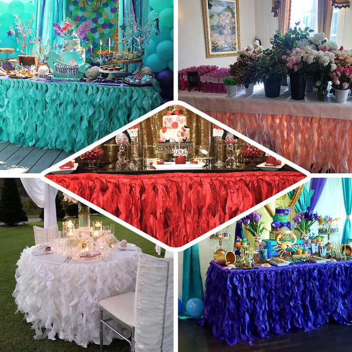 Colorful ruffled table covers in various settings for festive decor.