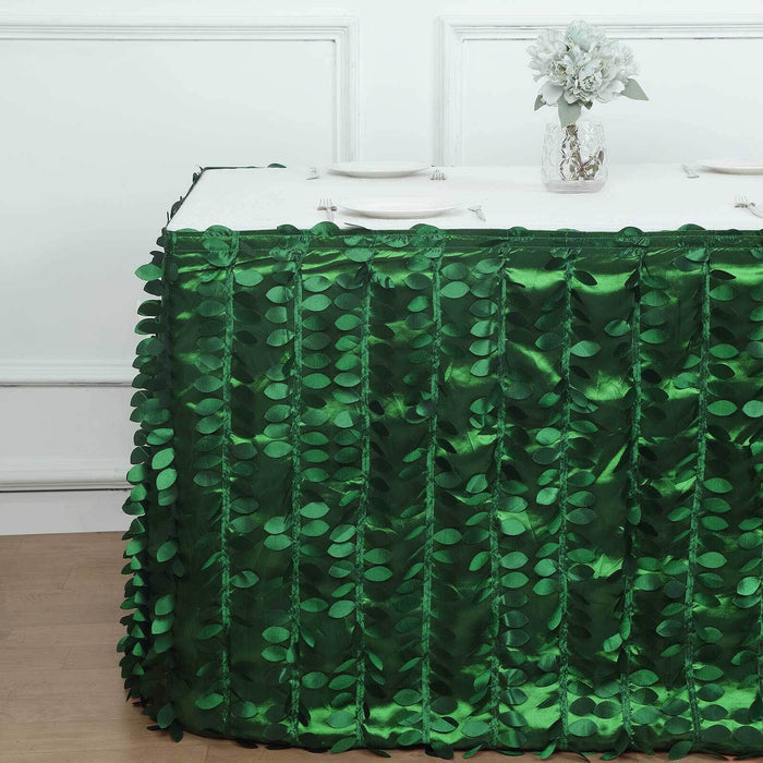 Green leaf table skirt for events and decorations.