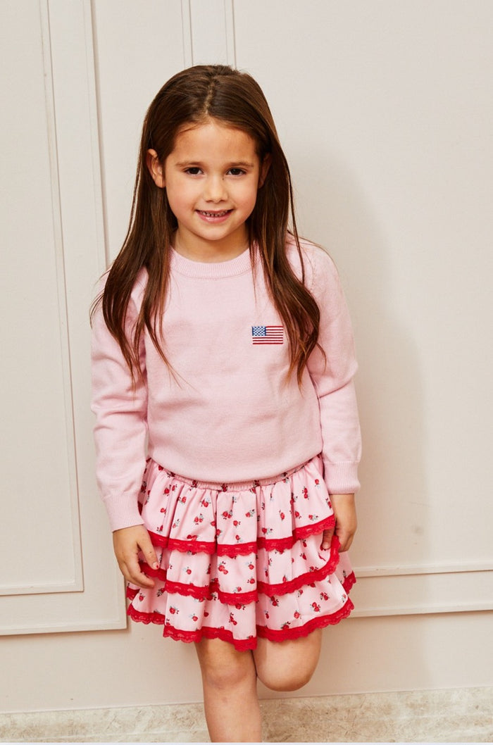 Theme Gemma Satin Pink Rose Mini Skirt with Red Lace