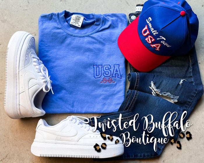 {USA BOW} Embroidery Blue Crew Neck Tee