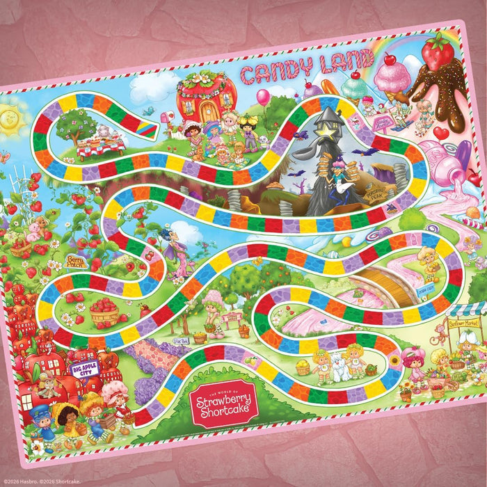Colorful Candy Land board game mat with characters and elements from the Strawberry Shortcake franchise.