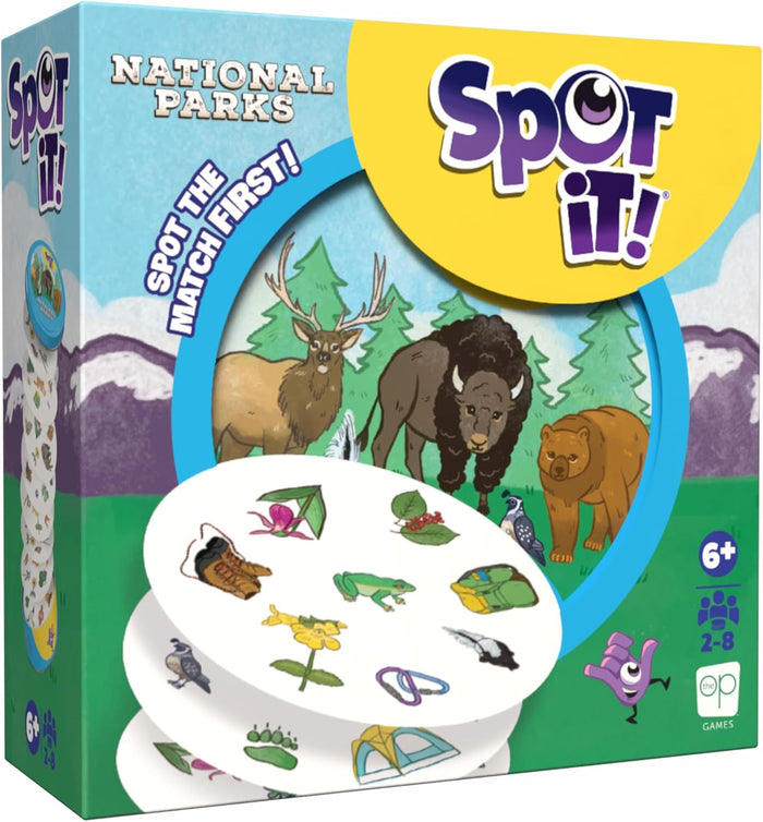 usaopoly Box of 'Spot It!' game featuring national parks theme with animals and icons.