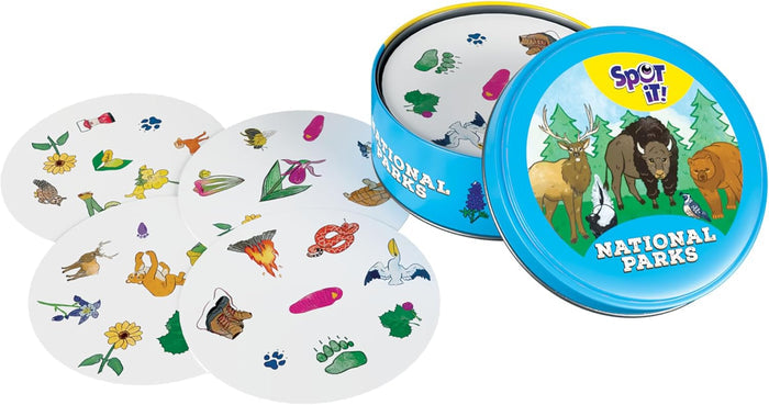 Set of 'Spot It!' National Parks card game with colorful cards and blue tin.