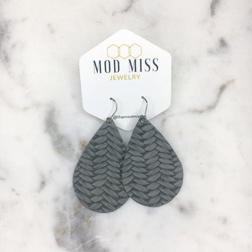 "Willow" Dark Gray Fishtail Braided Italian Leather Teardop Earrings - twistedbuffaloboutique