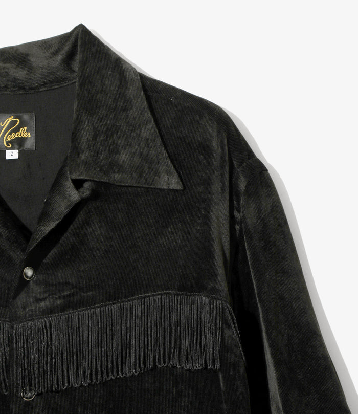 Women's Fringe Open Collar Shirt Dress - Black - Rayon Corduroy