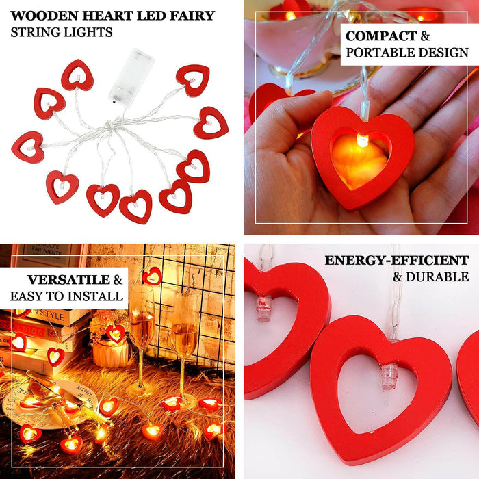 Wooden heart LED fairy string lights, compact and energy-efficient design.