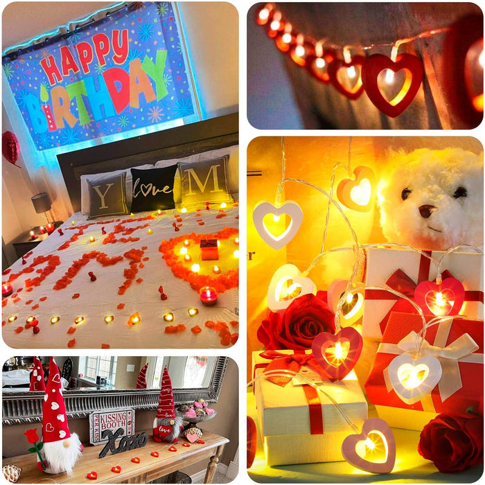 Birthday celebration decor with lights, hearts, and gifts in a cozy setting.